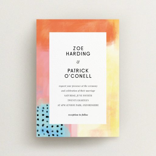A personalised wedding invitation design titled "Abstract Colours". It is an A6 invite in a portrait orientation. "Abstract Colours" is available as a flat invite, with tones of orange, red and yellow.