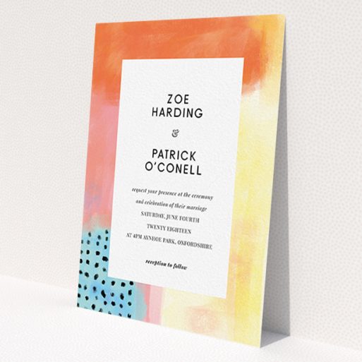 A personalised wedding invitation design titled 'Abstract Colours'. It is an A6 invite in a portrait orientation. 'Abstract Colours' is available as a flat invite, with tones of orange, red and yellow.