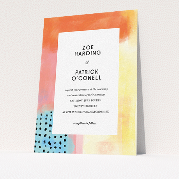 A personalised wedding invitation design titled "Abstract Colours". It is an A6 invite in a portrait orientation. "Abstract Colours" is available as a flat invite, with tones of orange, red and yellow.