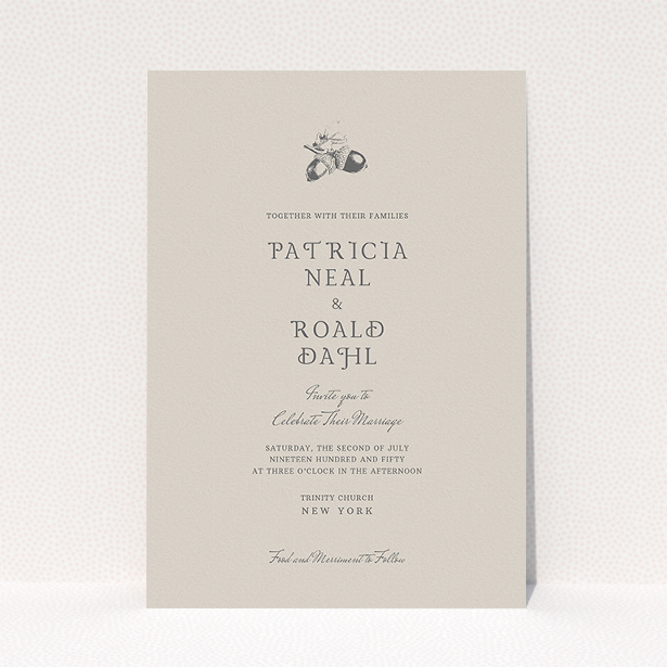 A personalised wedding invitation template titled "Acorn stamp". It is an A5 invite in a portrait orientation. "Acorn stamp" is available as a flat invite, with mainly dark cream colouring.