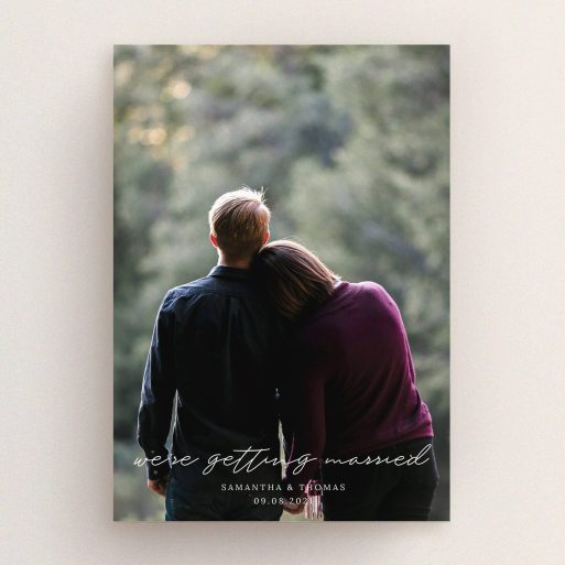 A personalised wedding invitation called "Across the Photo". It is an A5 invite in a portrait orientation. It is a photographic personalised wedding invitation with room for 1 photo. "Across the Photo" is available as a flat invite, with mainly white colouring.