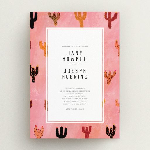 A personalised wedding invitation design titled "Albuquerque". It is an A5 invite in a portrait orientation. "Albuquerque" is available as a flat invite, with tones of pink and orange.
