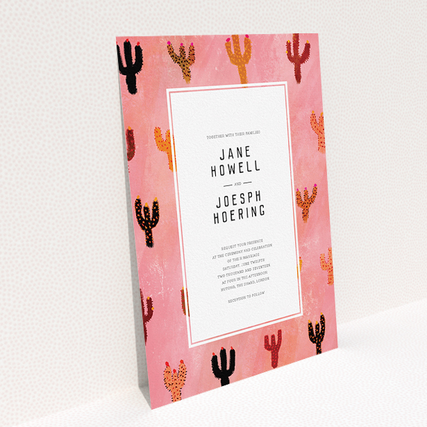 A personalised wedding invitation design titled "Albuquerque". It is an A5 invite in a portrait orientation. "Albuquerque" is available as a flat invite, with tones of pink and orange.