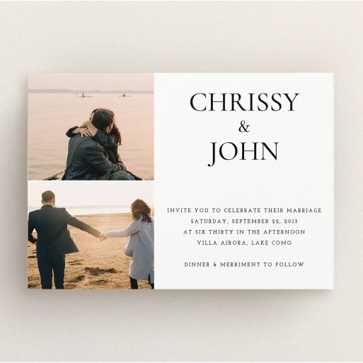 A personalised wedding invitation design named "Almost a quarter". It is an A5 invite in a landscape orientation. It is a photographic personalised wedding invitation with room for 2 photos. "Almost a quarter" is available as a flat invite, with mainly white colouring.
