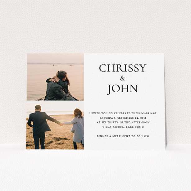 A personalised wedding invitation design named "Almost a quarter". It is an A5 invite in a landscape orientation. It is a photographic personalised wedding invitation with room for 2 photos. "Almost a quarter" is available as a flat invite, with mainly white colouring.