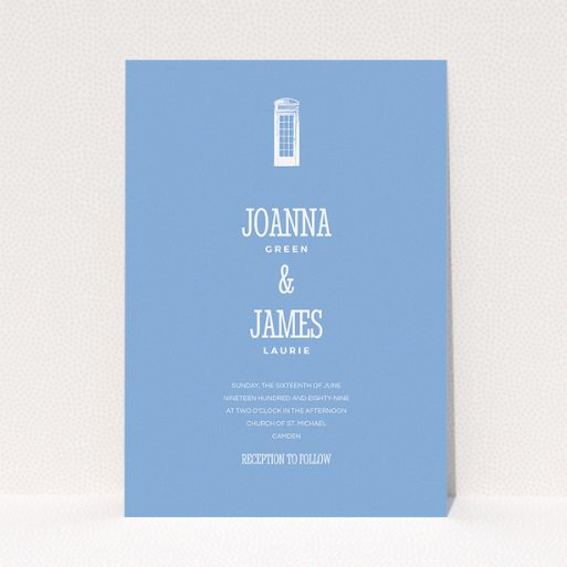 A personalised wedding invitation named "Answer the phone". It is an A5 invite in a portrait orientation. "Answer the phone" is available as a flat invite, with tones of blue and white.