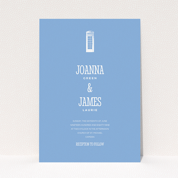 A personalised wedding invitation named "Answer the phone". It is an A5 invite in a portrait orientation. "Answer the phone" is available as a flat invite, with tones of blue and white.