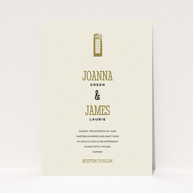 A personalised wedding invitation named "Answer the phone". It is an A5 invite in a portrait orientation. "Answer the phone" is available as a flat invite, with tones of cream and gold.