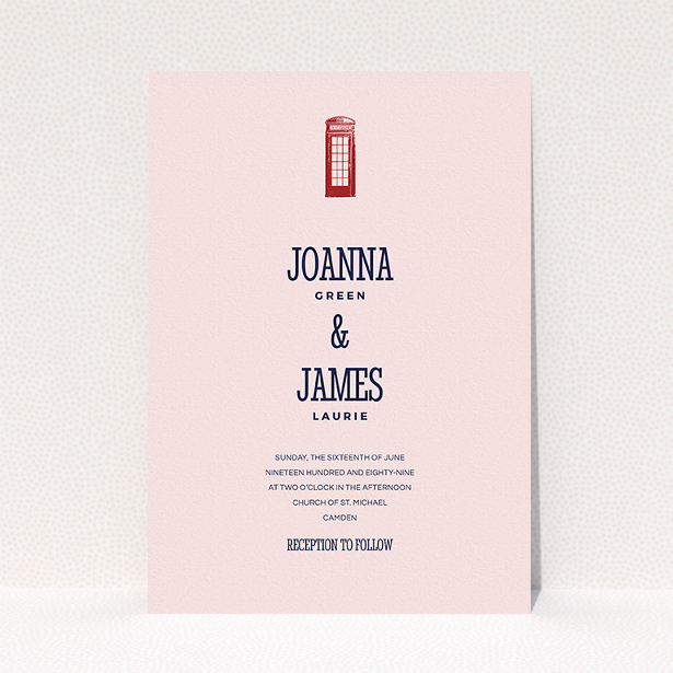 A personalised wedding invitation called "Answer the phone". It is an A5 invite in a portrait orientation. "Answer the phone" is available as a flat invite, with mainly pink colouring.
