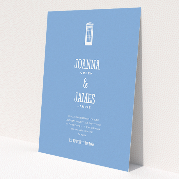 A personalised wedding invitation named "Answer the phone". It is an A5 invite in a portrait orientation. "Answer the phone" is available as a flat invite, with tones of blue and white.