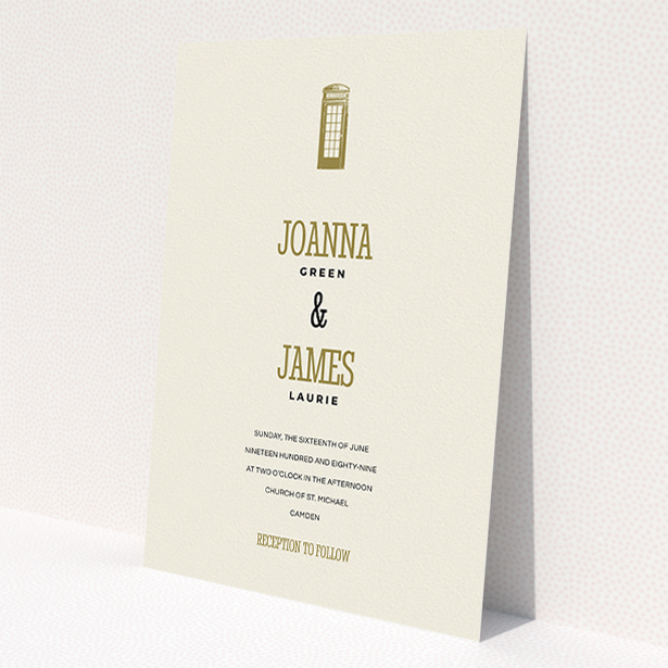 A personalised wedding invitation named "Answer the phone". It is an A5 invite in a portrait orientation. "Answer the phone" is available as a flat invite, with tones of cream and gold.