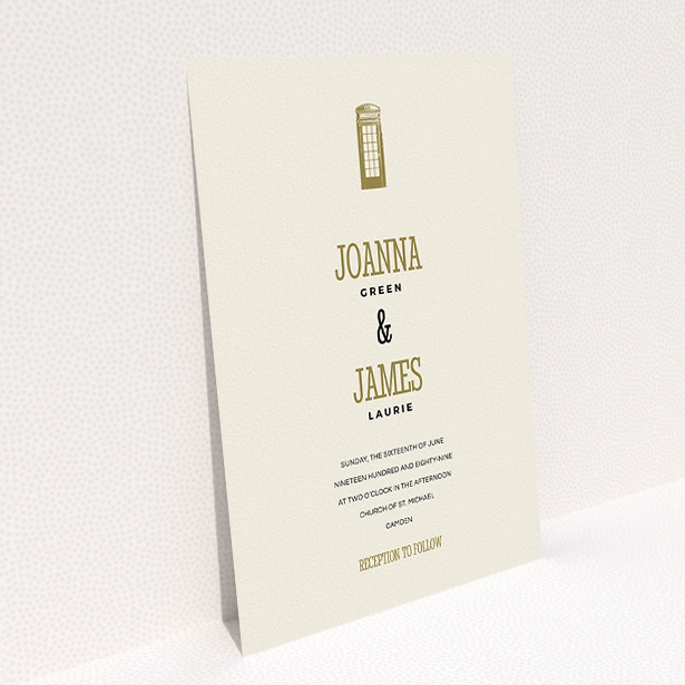 A personalised wedding invitation named "Answer the phone". It is an A5 invite in a portrait orientation. "Answer the phone" is available as a flat invite, with tones of cream and gold.