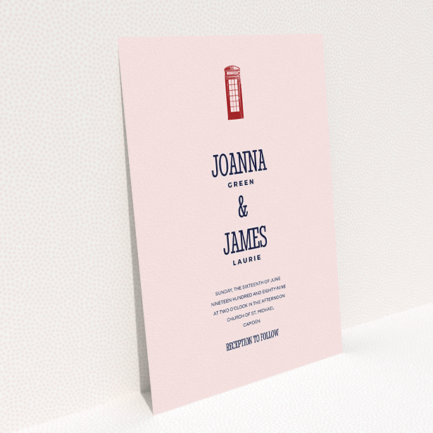 A personalised wedding invitation called "Answer the phone". It is an A5 invite in a portrait orientation. "Answer the phone" is available as a flat invite, with mainly pink colouring.