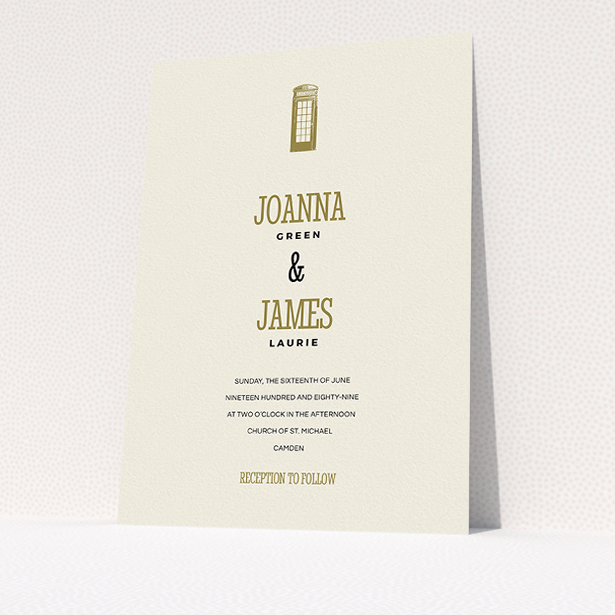 A personalised wedding invitation named "Answer the phone". It is an A5 invite in a portrait orientation. "Answer the phone" is available as a flat invite, with tones of cream and gold.