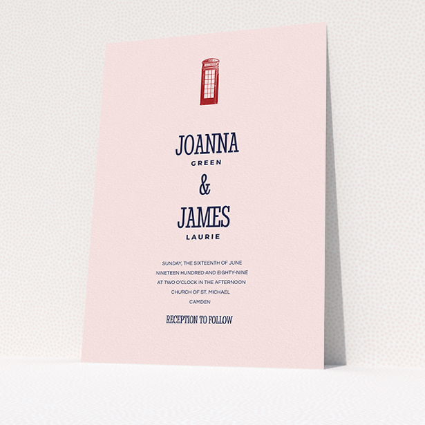 A personalised wedding invitation called "Answer the phone". It is an A5 invite in a portrait orientation. "Answer the phone" is available as a flat invite, with mainly pink colouring.
