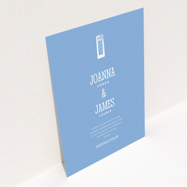 A personalised wedding invitation named "Answer the phone". It is an A5 invite in a portrait orientation. "Answer the phone" is available as a flat invite, with tones of blue and white.