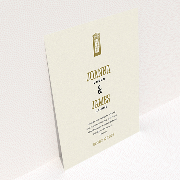 A personalised wedding invitation named "Answer the phone". It is an A5 invite in a portrait orientation. "Answer the phone" is available as a flat invite, with tones of cream and gold.