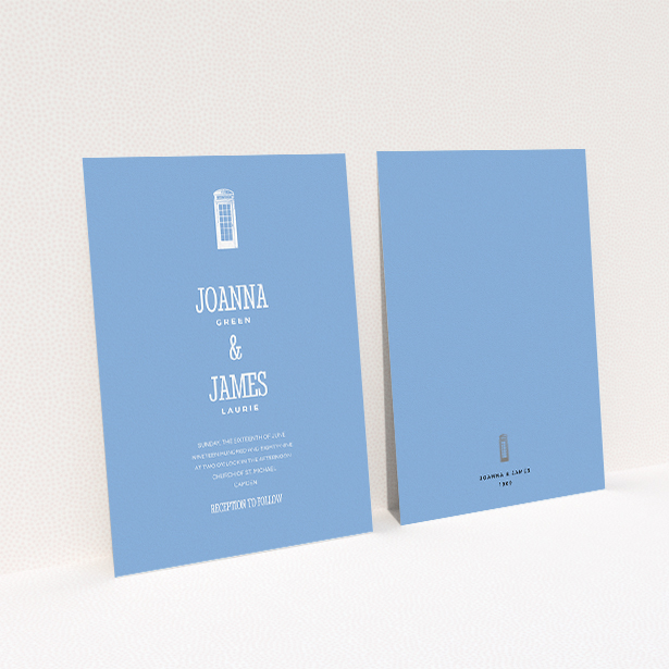 A personalised wedding invitation named "Answer the phone". It is an A5 invite in a portrait orientation. "Answer the phone" is available as a flat invite, with tones of blue and white.