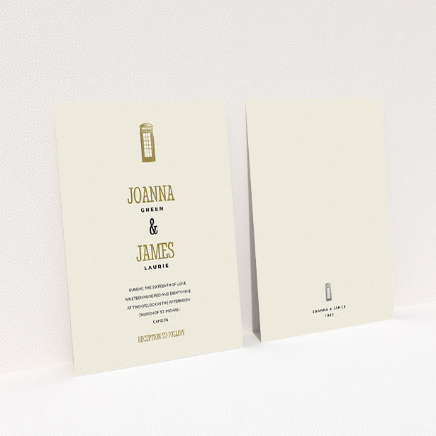 A personalised wedding invitation named "Answer the phone". It is an A5 invite in a portrait orientation. "Answer the phone" is available as a flat invite, with tones of cream and gold.