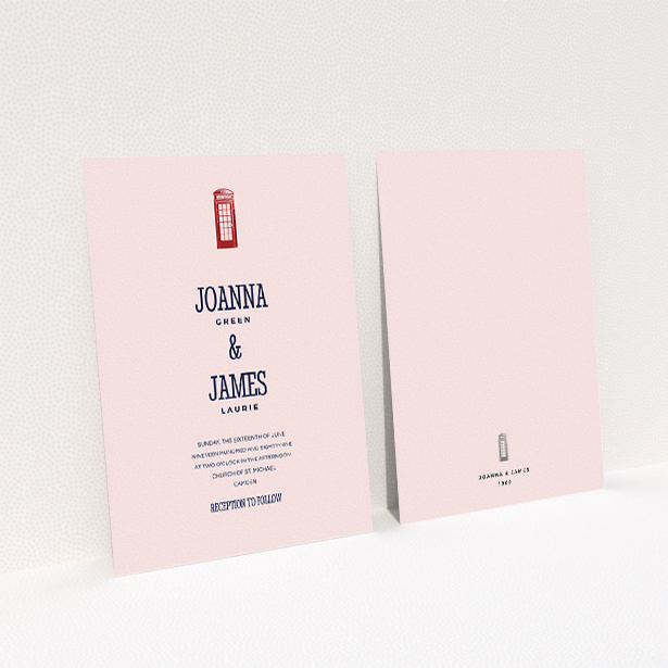 A personalised wedding invitation called "Answer the phone". It is an A5 invite in a portrait orientation. "Answer the phone" is available as a flat invite, with mainly pink colouring.