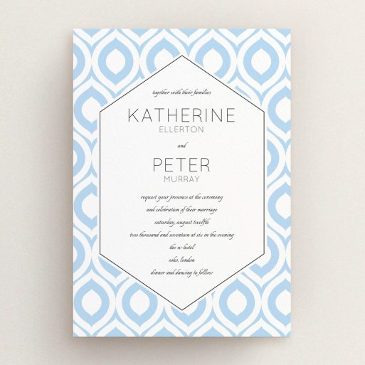 A personalised wedding invitation design named "Arabian diamonds". It is an A5 invite in a portrait orientation. "Arabian diamonds" is available as a flat invite, with tones of blue and white.