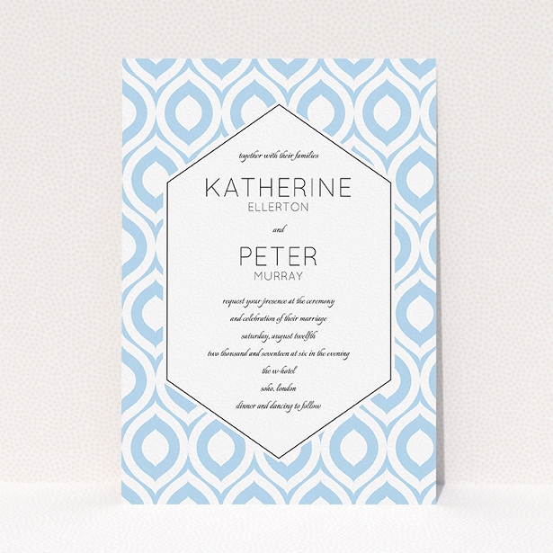A personalised wedding invitation design named "Arabian diamonds". It is an A5 invite in a portrait orientation. "Arabian diamonds" is available as a flat invite, with tones of blue and white.