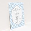 A personalised wedding invitation design named "Arabian diamonds". It is an A5 invite in a portrait orientation. "Arabian diamonds" is available as a flat invite, with tones of blue and white.