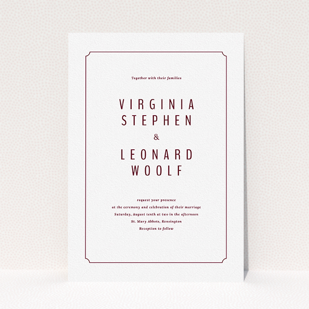 A personalised wedding invitation design called "Around the corner". It is an A5 invite in a portrait orientation. "Around the corner" is available as a flat invite, with tones of white and burgundy.