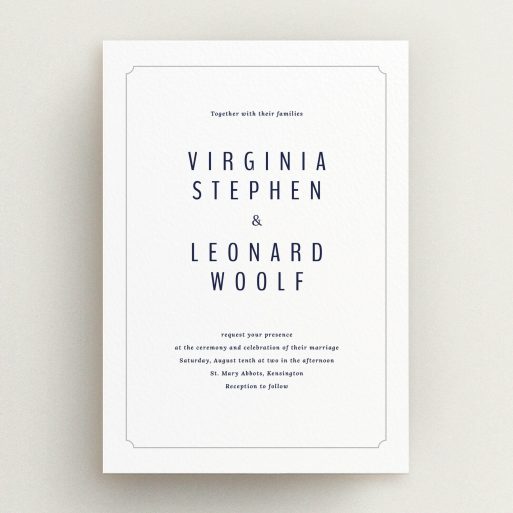A personalised wedding invitation design titled "Around the corner". It is an A5 invite in a portrait orientation. "Around the corner" is available as a flat invite, with mainly white colouring.