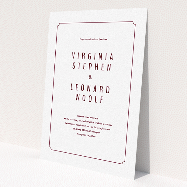 A personalised wedding invitation design called "Around the corner". It is an A5 invite in a portrait orientation. "Around the corner" is available as a flat invite, with tones of white and burgundy.