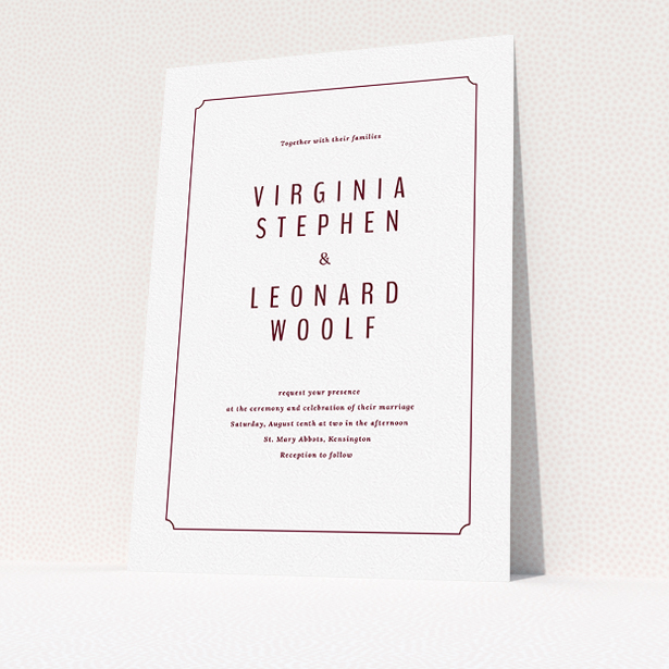 A personalised wedding invitation design called "Around the corner". It is an A5 invite in a portrait orientation. "Around the corner" is available as a flat invite, with tones of white and burgundy.