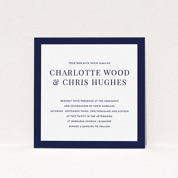 A personalised wedding invitation design called "As it is". It is a square (148mm x 148mm) invite in a square orientation. "As it is" is available as a flat invite, with tones of navy blue and white.