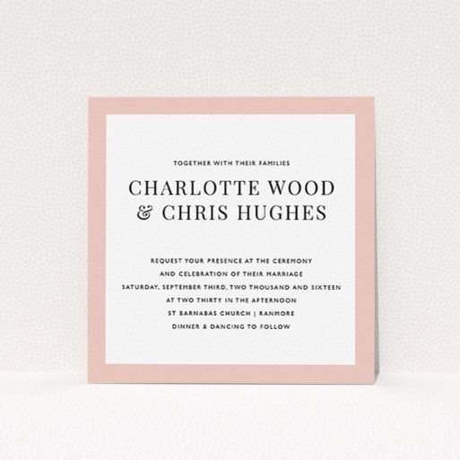 A personalised wedding invitation called "As it is". It is a square (148mm x 148mm) invite in a square orientation. "As it is" is available as a flat invite, with tones of pink and white.