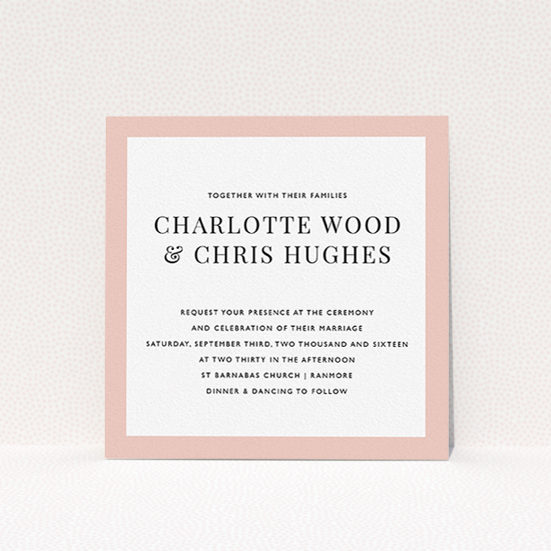 A personalised wedding invitation called "As it is". It is a square (148mm x 148mm) invite in a square orientation. "As it is" is available as a flat invite, with tones of pink and white.