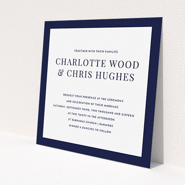 A personalised wedding invitation design called "As it is". It is a square (148mm x 148mm) invite in a square orientation. "As it is" is available as a flat invite, with tones of navy blue and white.