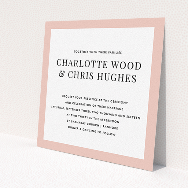 A personalised wedding invitation called "As it is". It is a square (148mm x 148mm) invite in a square orientation. "As it is" is available as a flat invite, with tones of pink and white.