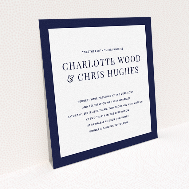 A personalised wedding invitation design called "As it is". It is a square (148mm x 148mm) invite in a square orientation. "As it is" is available as a flat invite, with tones of navy blue and white.