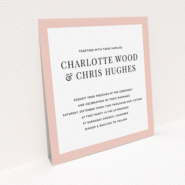 A personalised wedding invitation called "As it is". It is a square (148mm x 148mm) invite in a square orientation. "As it is" is available as a flat invite, with tones of pink and white.