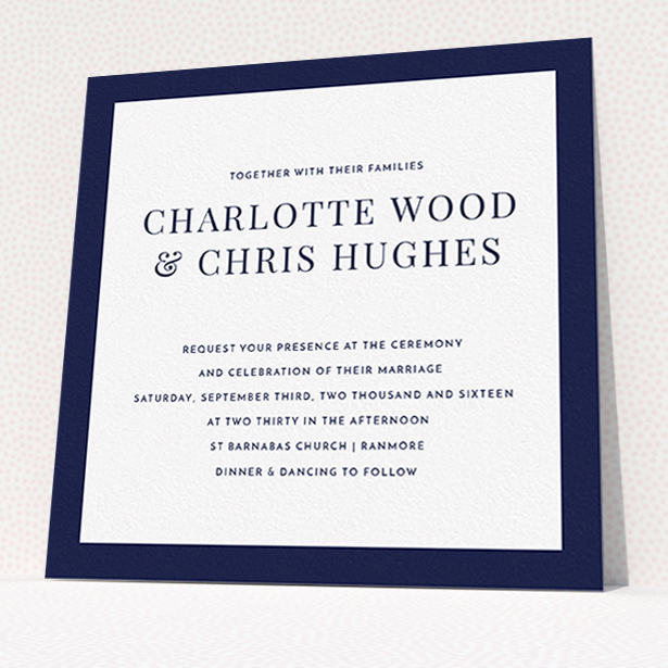 A personalised wedding invitation design called "As it is". It is a square (148mm x 148mm) invite in a square orientation. "As it is" is available as a flat invite, with tones of navy blue and white.