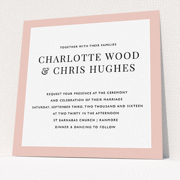 A personalised wedding invitation called "As it is". It is a square (148mm x 148mm) invite in a square orientation. "As it is" is available as a flat invite, with tones of pink and white.