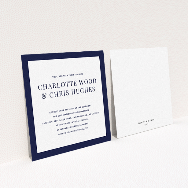 A personalised wedding invitation design called "As it is". It is a square (148mm x 148mm) invite in a square orientation. "As it is" is available as a flat invite, with tones of navy blue and white.