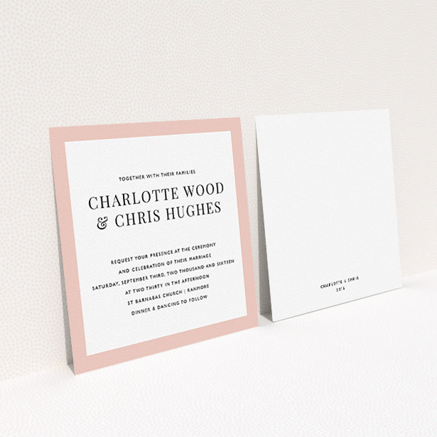 A personalised wedding invitation called "As it is". It is a square (148mm x 148mm) invite in a square orientation. "As it is" is available as a flat invite, with tones of pink and white.