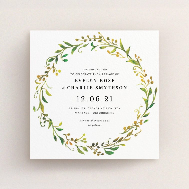 A personalised wedding invitation design titled "Autumn Floral Round". It is a square (148mm x 148mm) invite in a square orientation. "Autumn Floral Round" is available as a flat invite, with tones of green, orange and yellow.