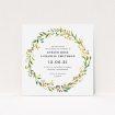 A personalised wedding invitation design titled "Autumn Floral Round". It is a square (148mm x 148mm) invite in a square orientation. "Autumn Floral Round" is available as a flat invite, with tones of green, orange and yellow.