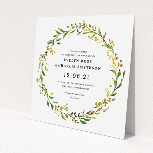 A personalised wedding invitation design titled 'Autumn Floral Round'. It is a square (148mm x 148mm) invite in a square orientation. 'Autumn Floral Round' is available as a flat invite, with tones of green, orange and yellow.