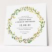 A personalised wedding invitation design titled "Autumn Floral Round". It is a square (148mm x 148mm) invite in a square orientation. "Autumn Floral Round" is available as a flat invite, with tones of green, orange and yellow.