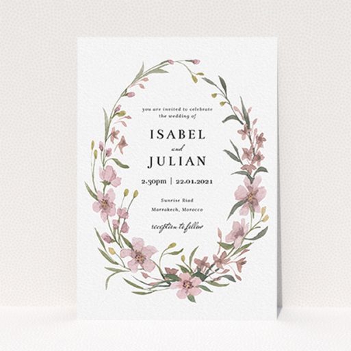 A personalised wedding invitation called "Autumn Floral Wreath". It is an A6 invite in a portrait orientation. "Autumn Floral Wreath" is available as a flat invite, with tones of faded pink and autumnal green.