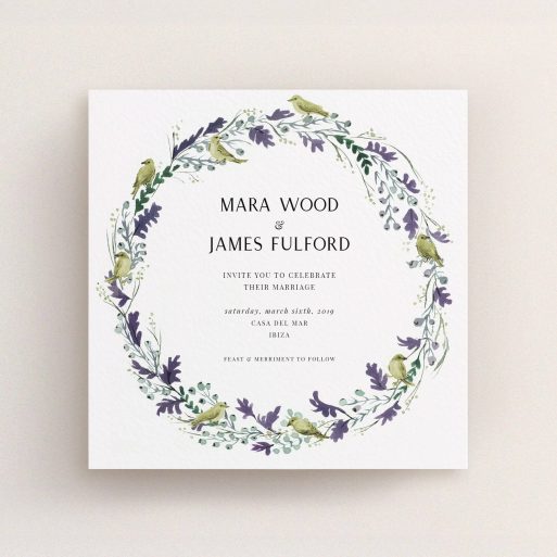 A personalised wedding invitation design named "Birdsong". It is a square (148mm x 148mm) invite in a square orientation. "Birdsong" is available as a flat invite, with tones of off-white and dark green.
