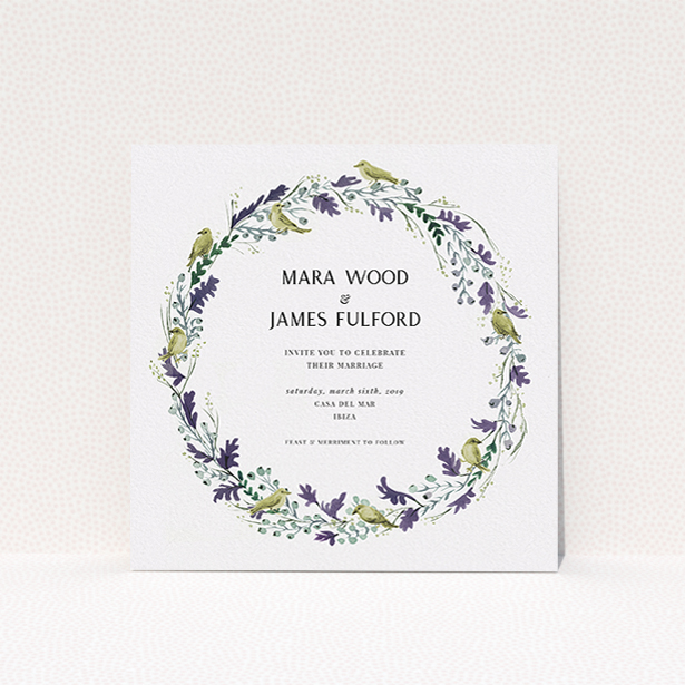 A personalised wedding invitation design named "Birdsong". It is a square (148mm x 148mm) invite in a square orientation. "Birdsong" is available as a flat invite, with tones of off-white and dark green.