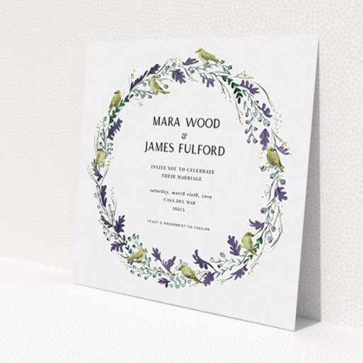 A personalised wedding invitation design named 'Birdsong'. It is a square (148mm x 148mm) invite in a square orientation. 'Birdsong' is available as a flat invite, with tones of off-white and dark green.